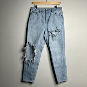 Light blue high-waisted distressed denim mom jeans